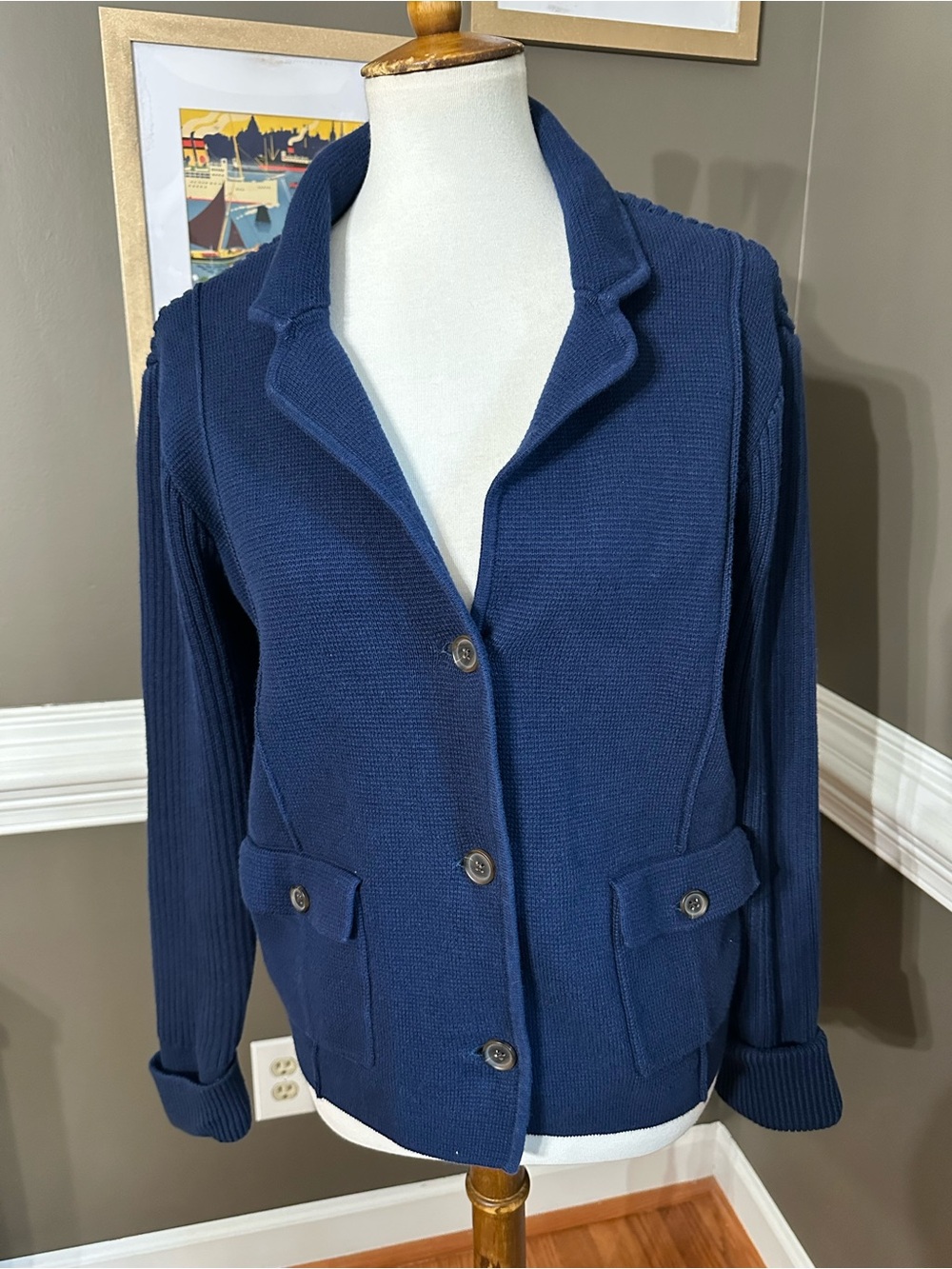 Lands' End Navy Colared Button-Front Knit Cardigan Jacket